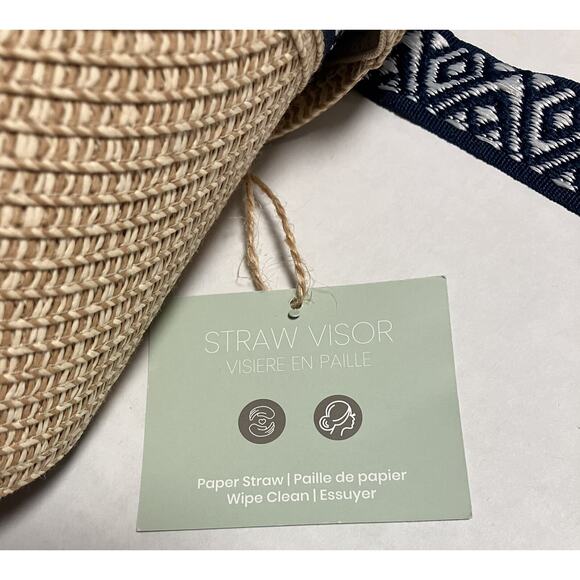 Womens Sea & Grass Straw Visor Sunvisor Sun Hat with Navy Blue Ties NWT - Picture 7 of 9